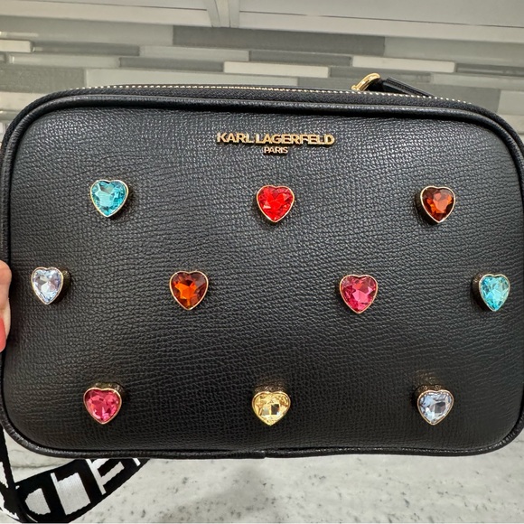 Karl Lagerfeld Black Rainbow Heart Embellished Crossbody Bag New - Picture 2 of 6